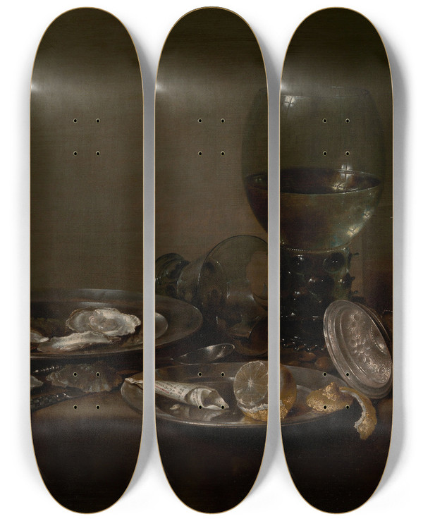 Triptych art skateboard deck of Willem Claesz Heda Still Life With Oysters A Silver Tazza And Glassware by Willem Claesz Heda (1594-1680)