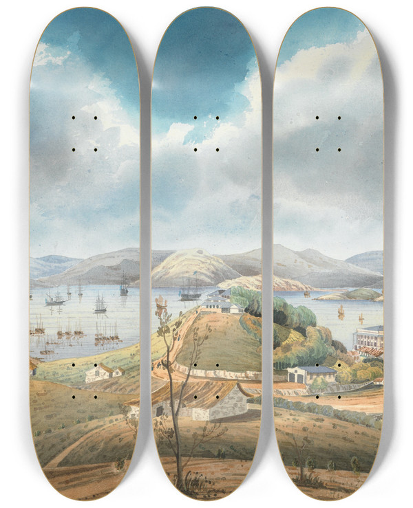 Triptych art skateboard deck of Lt Humphrey John Julian Hong Kong Harbor by Lt Humphrey John Julian (1842-1849)