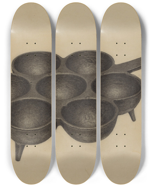 Triptych art skateboard deck of Philip Johnson Muffin Pan by Philip Johnson