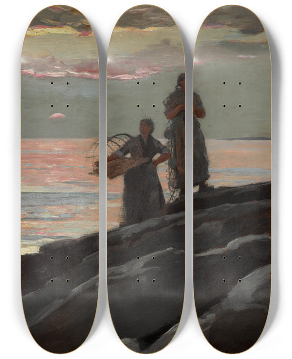 Triptych art skateboard deck of Winslow Homer Saco Bay by Winslow Homer (1836-1910)