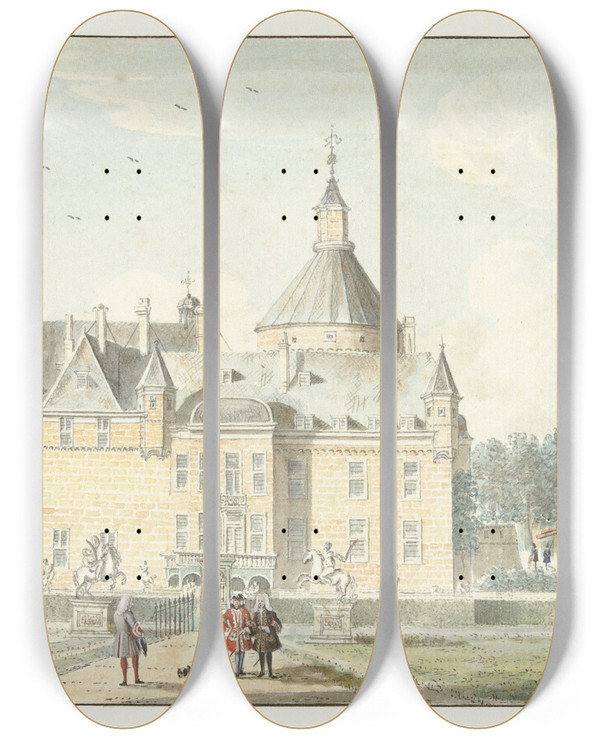 Triptych art skateboard deck of Jan De Beijer Het Kasteel Te Anholtz by Jan de Beijer (1703-1780)