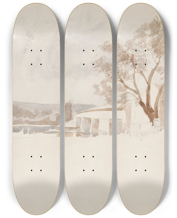 Triptych art skateboard deck of Edwin Austin Abbey Architecturalstudy Iv by Edwin Austin Abbey (1852-1911)