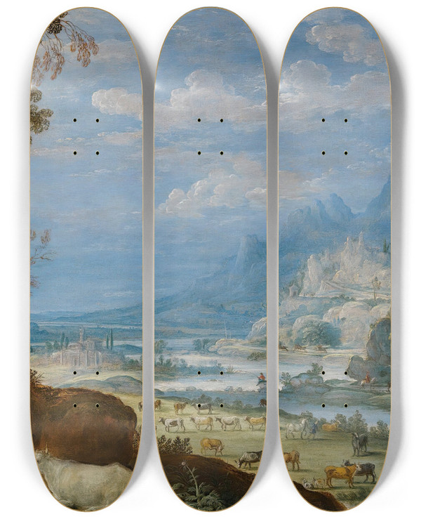 Triptych art skateboard deck of David Teniers The Elder An Extensive River Landscape With Mercury And Argus by David Teniers The Elder (1582-1649)