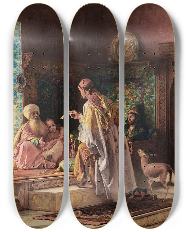 Triptych art skateboard deck of Frederick Arthur Bridgman The Messenger by Frederick Arthur Bridgman (1847-1928)