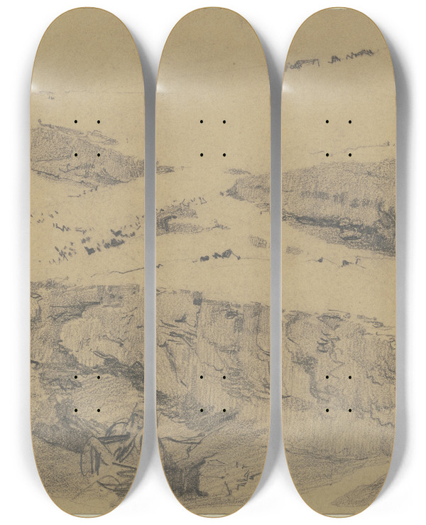 Triptych art skateboard deck of Wilhelm Gentz Wste Im Vordergrund Ein Im Schatten Sitzender Araber by Wilhelm Gentz (1822-1890)