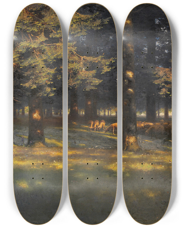 Triptych art skateboard deck of Paul Wilhelm Kellerreutlingen Waldlichtung Mit Grasenden Schafen by Paul Wilhelm Keller-Reutlingen (1854-1920)