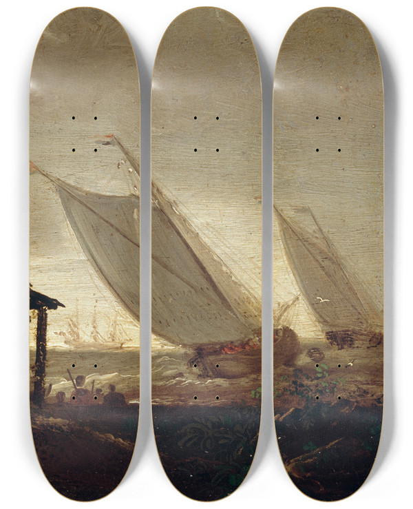 Triptych art skateboard deck of William Sadler The Younger The French In Killala Bay by William Sadler the Younger (1782-1839)