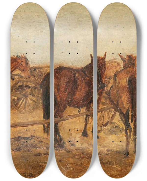 Triptych art skateboard deck of August Von Pettenkofen A Carriage With Horses by August Von Pettenkofen (1822-1889)