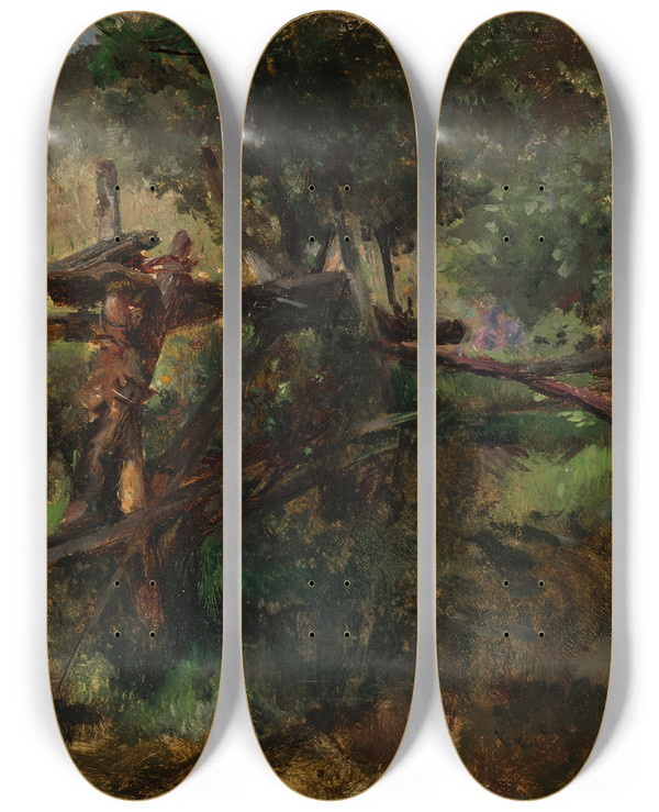 Triptych art skateboard deck of Johann Till The Younger Waldweg Mit Zaun by Johann Till the younger (1827-1894)