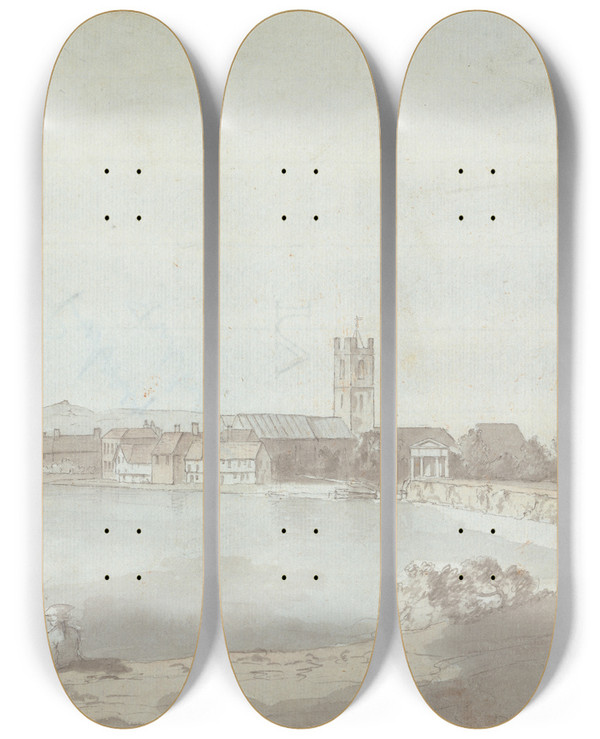 Triptych art skateboard deck of Samuel Davis West Country Town By A River by Samuel Davis (1757-1819)