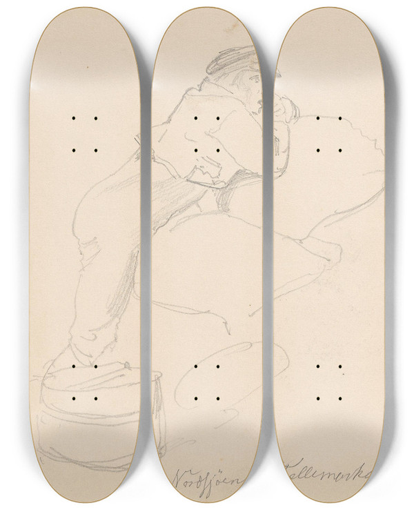 Triptych art skateboard deck of Adolph Tidemand Mannsfigur Norsj I Telemark by Adolph Tidemand (1814-1876)
