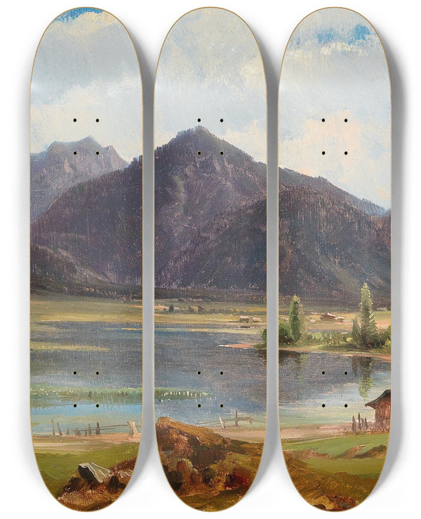 Triptych art skateboard deck of Ludwig Halauska The Plansee In Tyrol by Ludwig Halauska (1827-1882)