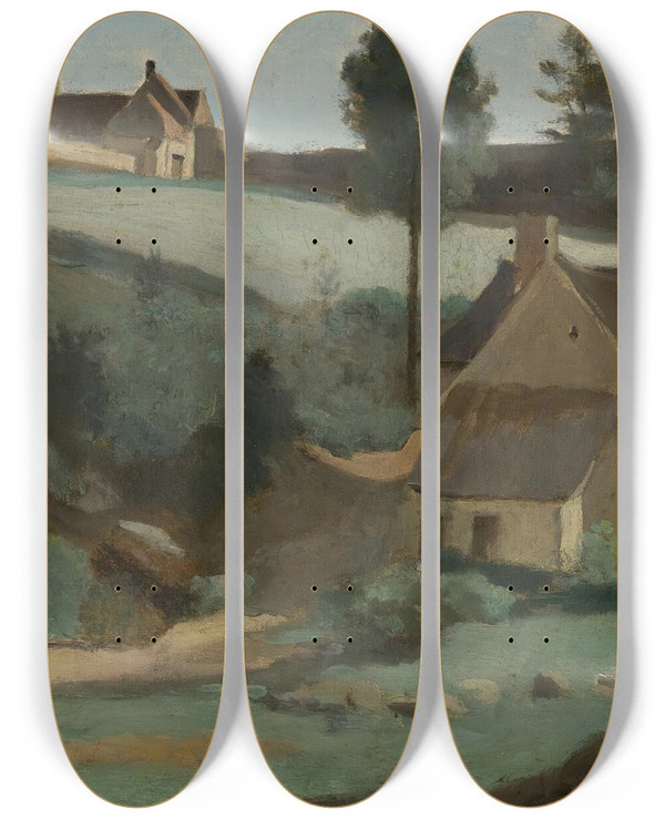Triptych art skateboard deck of Jeanbaptistecamille Corot Morvan Petit Moulin by Jean-Baptiste-Camille Corot (1796-1875)