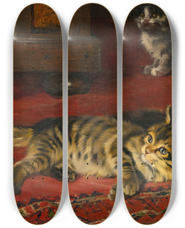 Triptych art skateboard deck of Julius Adam The Younger Kittens by Julius Adam The Younger (1852-1913)