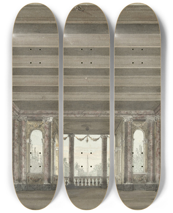 Triptych art skateboard deck of Pieter Barbiers Ontwerp Voor Een Toneeldecor Van Een Zuilengalerij Met Loggia by Pieter Barbiers (18-)