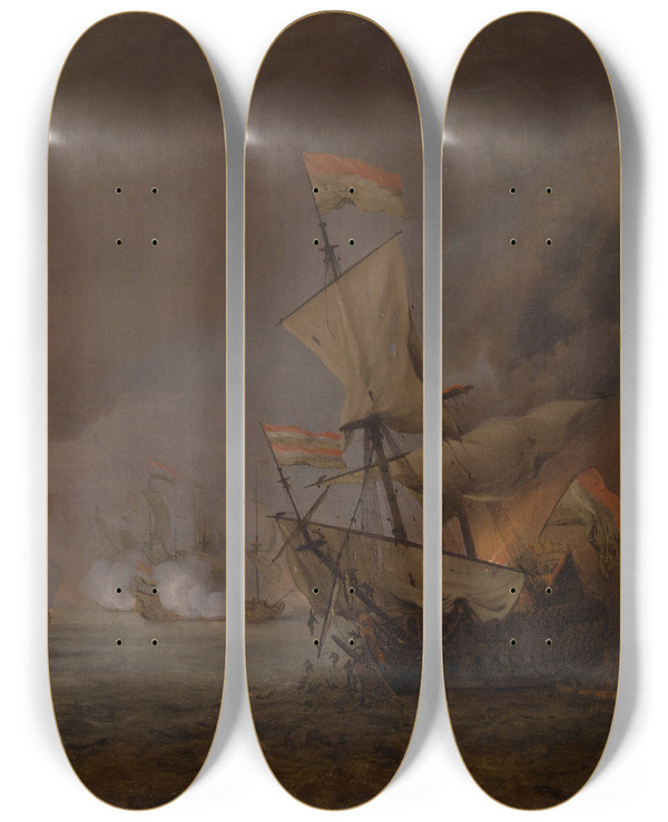 Triptych art skateboard deck of Willem Van De Velde The Younger Sea Battle Of The Anglodutch Wars by Willem van de Velde the Younger (1633-1707)