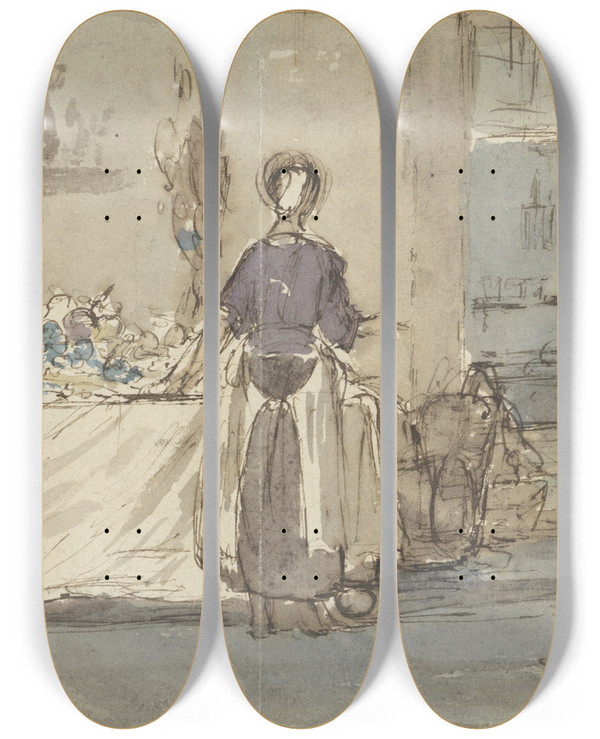 Triptych art skateboard deck of Charles Rochussen Keukeninterieur by Charles Rochussen (1814-1894)