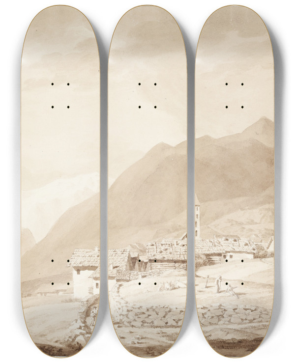 Triptych art skateboard deck of Johan Ludvig Lund Landsbyen Airolo I Alperne_1 by Johan Ludvig Lund (1777-1867)