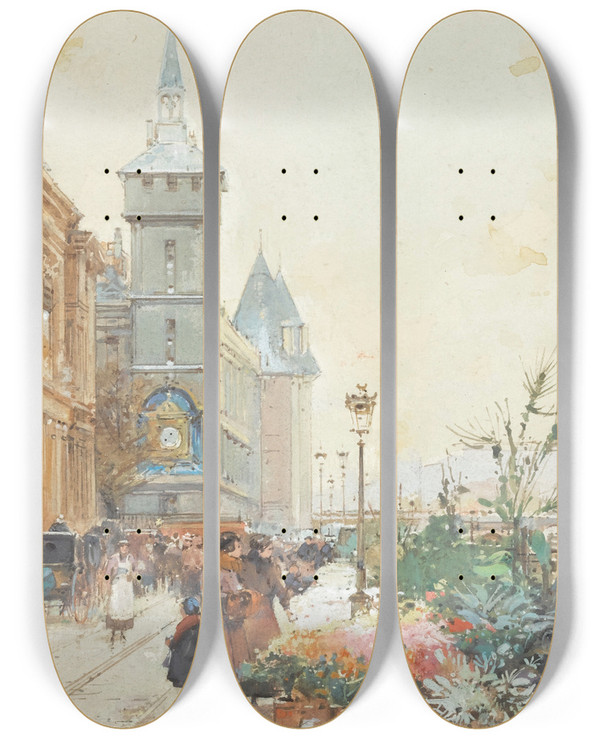 Triptych art skateboard deck of Eugne Galienlaloue Le March Aux Fleurs_1 by Eugene Galien Laloue (1854-1941)