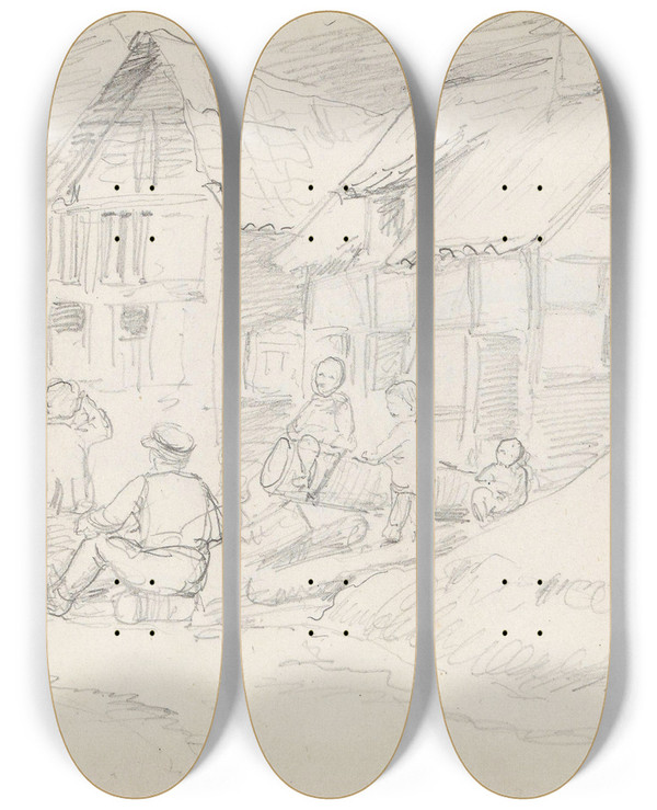 Triptych art skateboard deck of Adolph Tidemand Fra Odenthal by Adolph Tidemand (1814-1876)