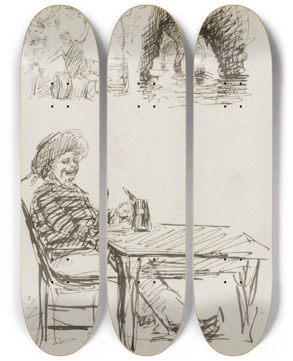 Triptych art skateboard deck of Marius Bauer Man Met Een Pijp Aan Een Tafel by Marius Bauer (1867-1932)