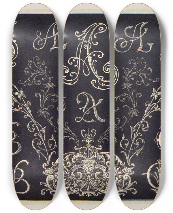 Triptych art skateboard deck of Douard Guichard Les Petits Alphabets Du Brodeur Pl04 by douard Guichard (1815-1889)