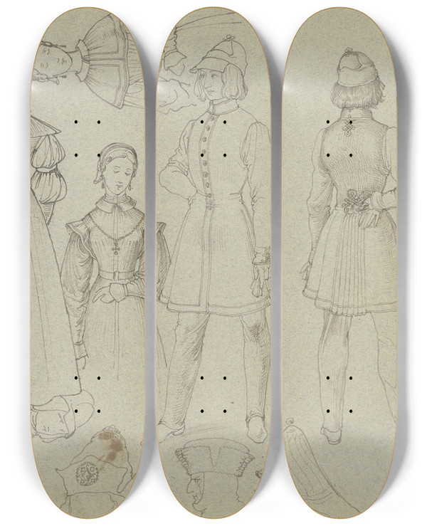 Triptych art skateboard deck of Ferdinand Fellner Study Sheet Fashion Figures by Ferdinand Fellner (1799-1859)