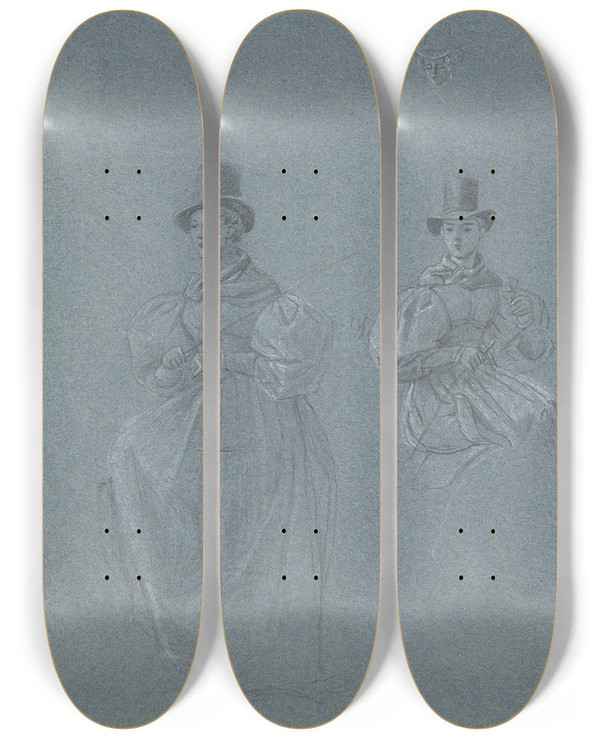 Triptych art skateboard deck of Wilhelm Von Kobell Studies Of Horsewomen by Wilhelm von Kobell (1766-1853)