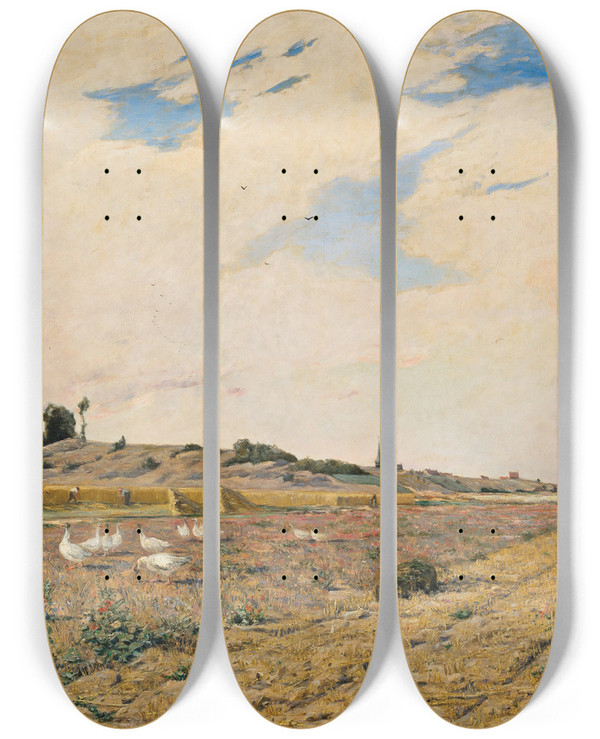 Triptych art skateboard deck of Hippolyte Camille Delpy July by Hippolyte Camille Delpy (1842-1910)