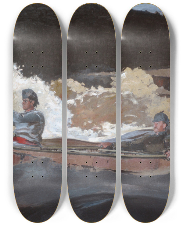 Triptych art skateboard deck of Winslow Homer Shooting The Rapids Saguenay River by Winslow Homer (1836-1910)