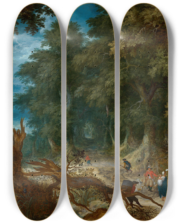 Triptych art skateboard deck of Abraham Govaerts Wooded Landscape With Hunters And Fortune Teller by Abraham Govaerts (1589-1626)