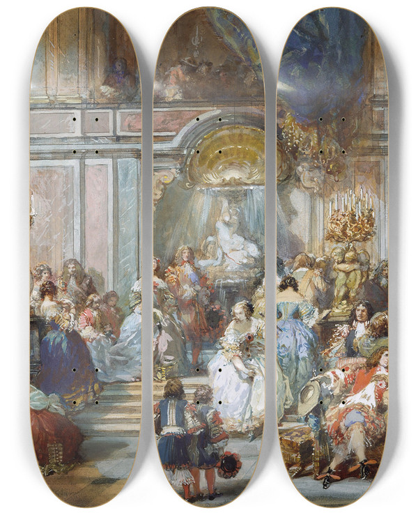 Triptych art skateboard deck of Eugne Lami The Marble Staircase by Eugene Lami (1800-1890)