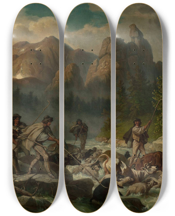 Triptych art skateboard deck of Alfred Schoupp Motif From Kocieliska Valley by Alfred Schouppe (1812-1899)