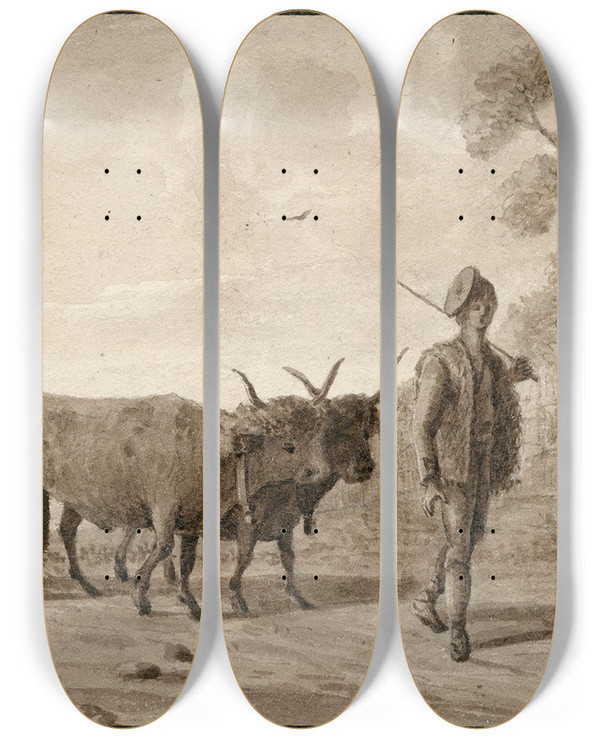 Triptych art skateboard deck of Otto Howen Een Ossenwagen_1 by Otto Howen (1774-1848)