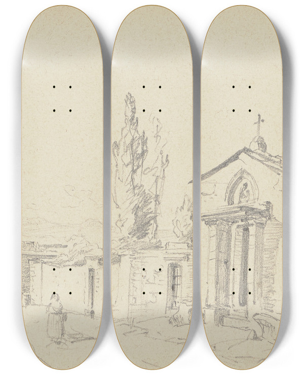 Triptych art skateboard deck of Friedrich Metz Near Fiesole_2 by Friedrich Metz (1820-1901)