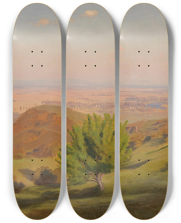 Triptych art skateboard deck of Anton Hlavacek Danube Landscape Near Vienna by Anton Hlavacek (1842-1926)