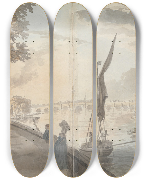Triptych art skateboard deck of James Miller River Wharf Figure Sketching In A Lane by James Miller (1773-1814)