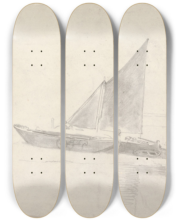 Triptych art skateboard deck of Cornelius Varley Study Of Boats With Horses And Carts by Cornelius Varley (1781-1873)