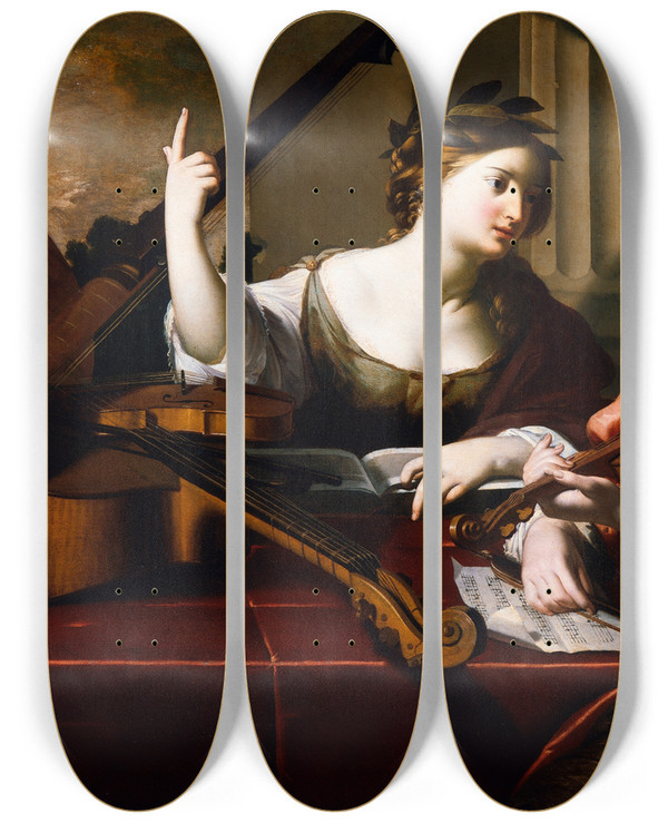 Triptych art skateboard deck of Nicolas Regnier Divine Inspiration Of Music by Nicolas Regnier (1591-1667)