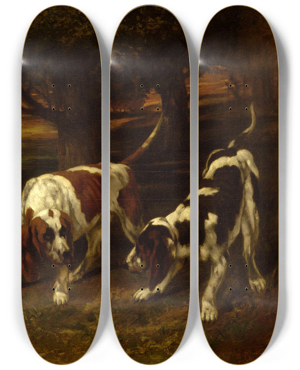 Triptych art skateboard deck of Gustave Courbet Hunting Dogs With Dead Hare by Gustave Courbet (1819-1877)