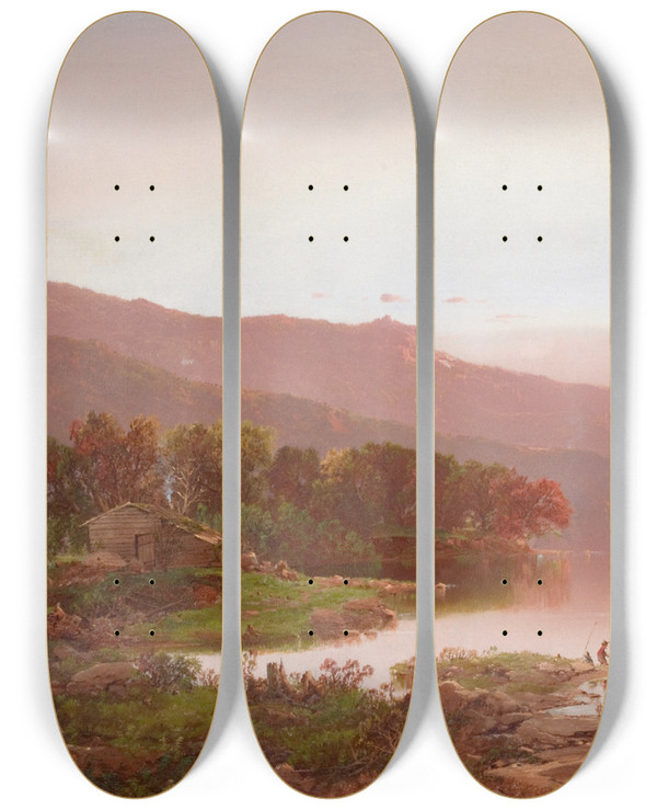 Triptych art skateboard deck of William Louis Sonntag Fishing In The Cove Fall In The Adirondacks by William Louis Sonntag (1822-1900)