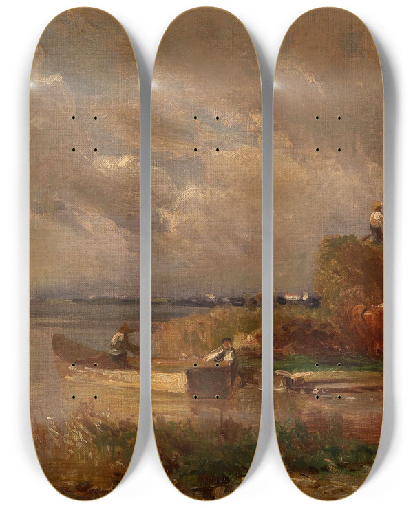 Triptych art skateboard deck of Joseph Wopfner Ernte Am Chiemsee by Joseph Wopfner (1843-1927)