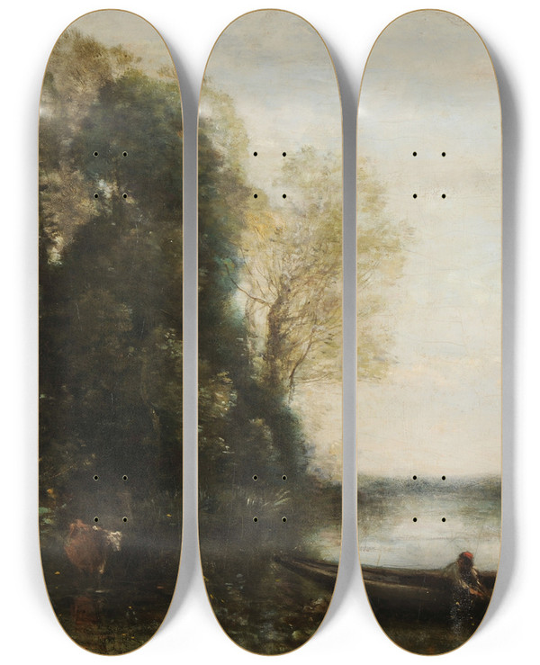 Triptych art skateboard deck of Jeanbaptistecamille Corot Le Pcheur En Barque La Rive by Jean-Baptiste-Camille Corot (1796-1875)