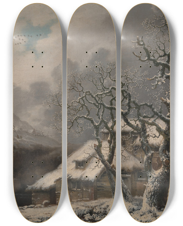 Triptych art skateboard deck of George Smith A Winter Landscape_2 by George Smith (1714-1776)