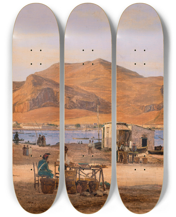 Triptych art skateboard deck of Martinus Rrbye Palermo Harbor With A View Of Monte Pellegrino_2 by Martinus Rorbye (1803-1848)