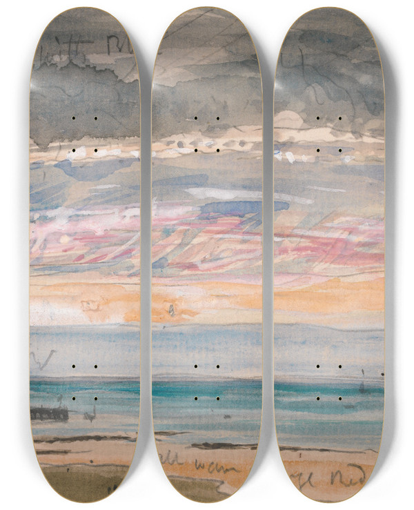 Triptych art skateboard deck of James Holland Evening Sky On The Coast by James Holland (1800-1870)