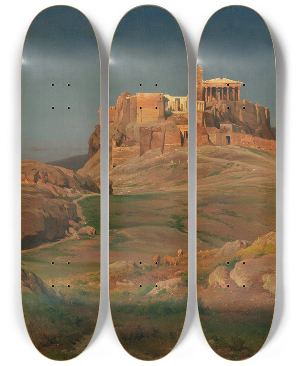 Triptych art skateboard deck of Louis Gurlitt Die Akropolis Im Abendlicht by Louis Gurlitt (1812-1897)
