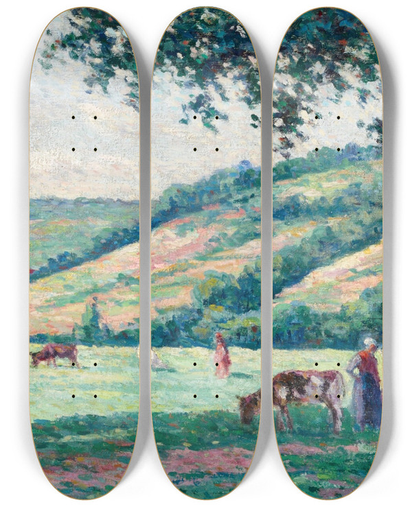 Triptych art skateboard deck of Maximilien Luce Paysage Aux Bergres Et Vachers by Maximilien Luce (1858-1941)