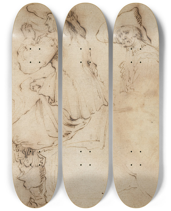 Triptych art skateboard deck of Stefano Della Bella Four Horsemen by Stefano Della Bella (1610-1664)