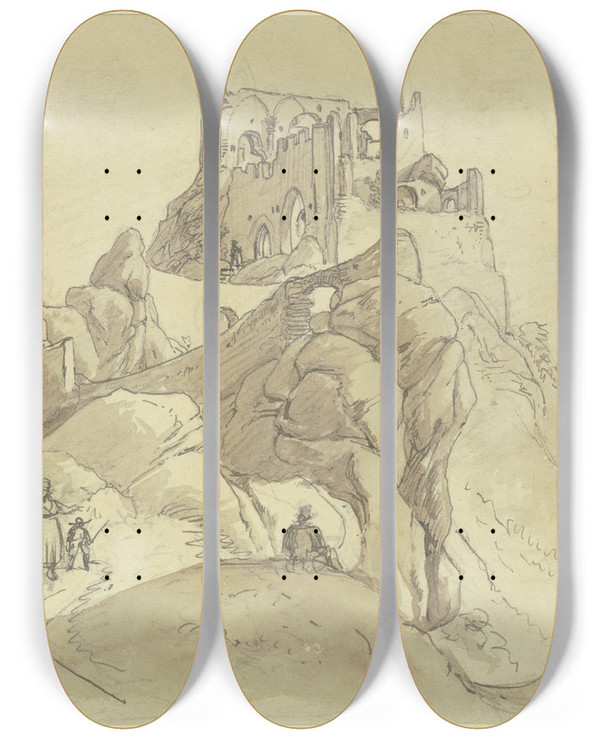Triptych art skateboard deck of Johann Adam Klein Castle Ruin by Johann Adam Klein (1792-1875)